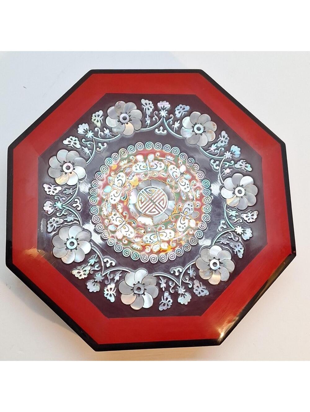VTG Mother of Pearl Inlay Octogonal Jewelry Box W/Removable Compartments Japan